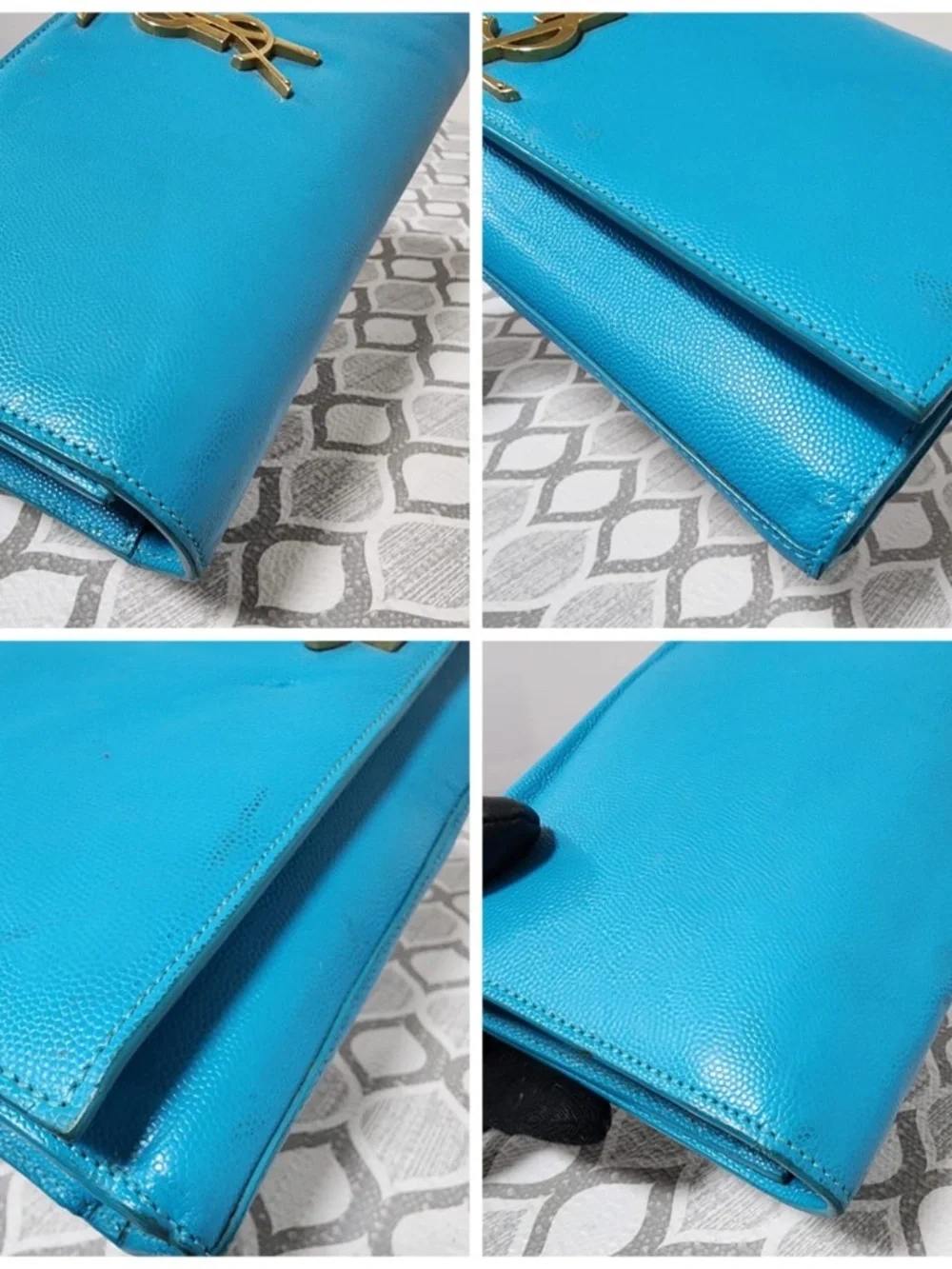 Authentic YVES SAINT LAURENT Caviar Leather Cassandre Clutch Bag turquoise - Picture 12 of 15